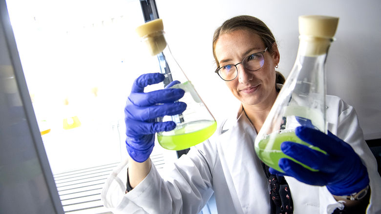 Sarah Princiotta, assistant professor of biology, holding up beakers in laboratory.