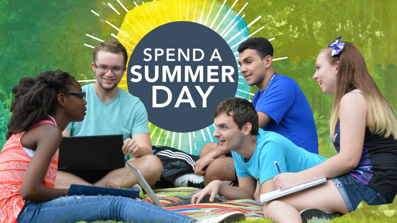 Pathway to Success: Summer Start students enjoy a summer afternoon studying by Penn State Schuylkill's fountain.