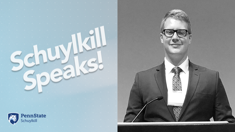 Black and white photo of Eric Thompson with text reading "Schuylkill Speaks" laid over it