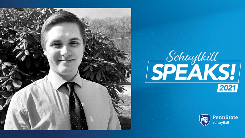 Schuylkill Speaks graphic with a black and white photo of student, Evan Sukeena