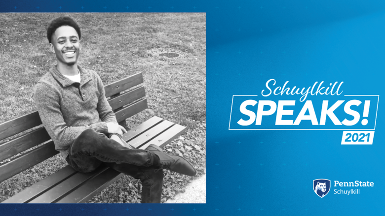 Schuylkill Speaks! graphic featuring black and white portrait of student, Malique Hughes