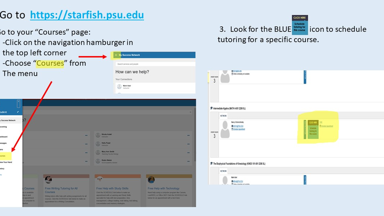 Screenshot showing the steps to schedule a tutoring appointment in STARFISH