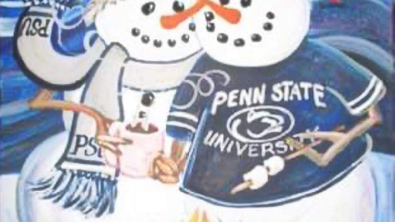 A painting of two snowmen wearing Penn State gear.