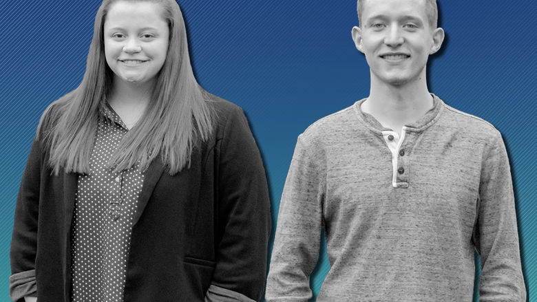 Graphic with dark blue into light blue gradient with lines and black and white cutouts of one students Sophia Bates and Michael Russell