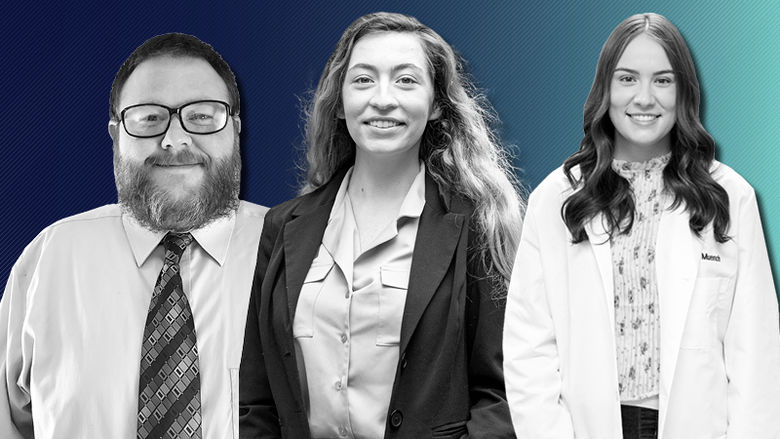 Black and white cutout images of Jeff Alloway, wearing thick-rimmed glasses and a tie; Corinne Ellis, wearing a business suit; and Grace Muench, wearing a lab coat. Blue gradient background.