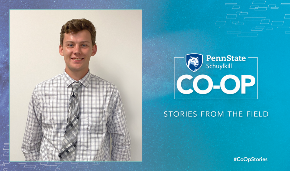 An image of student intern, Sean Duffy, with Co-Op graphic and logo