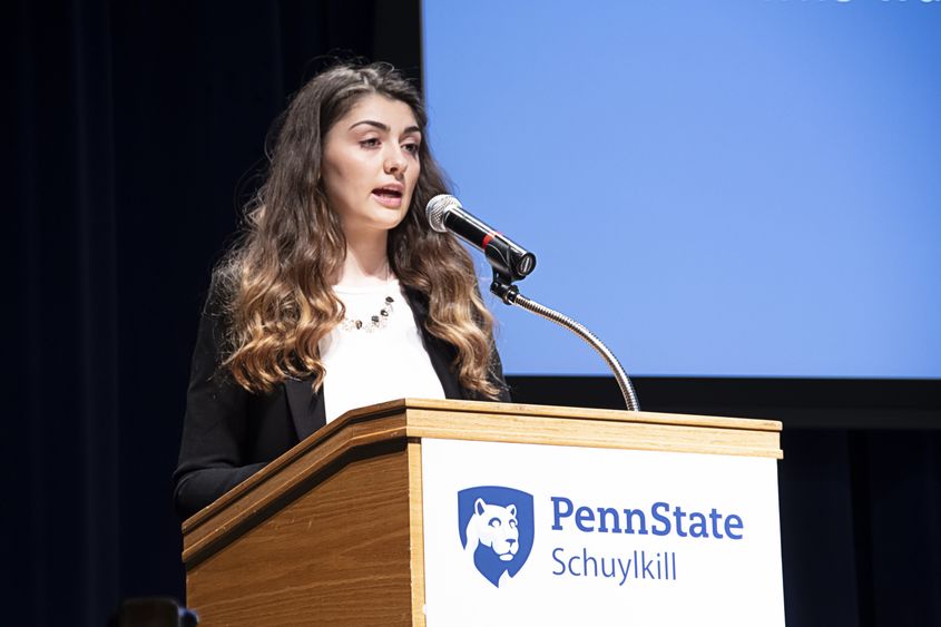 Lillian Stoyer speaking at the LionLaunch Business Plan Competition