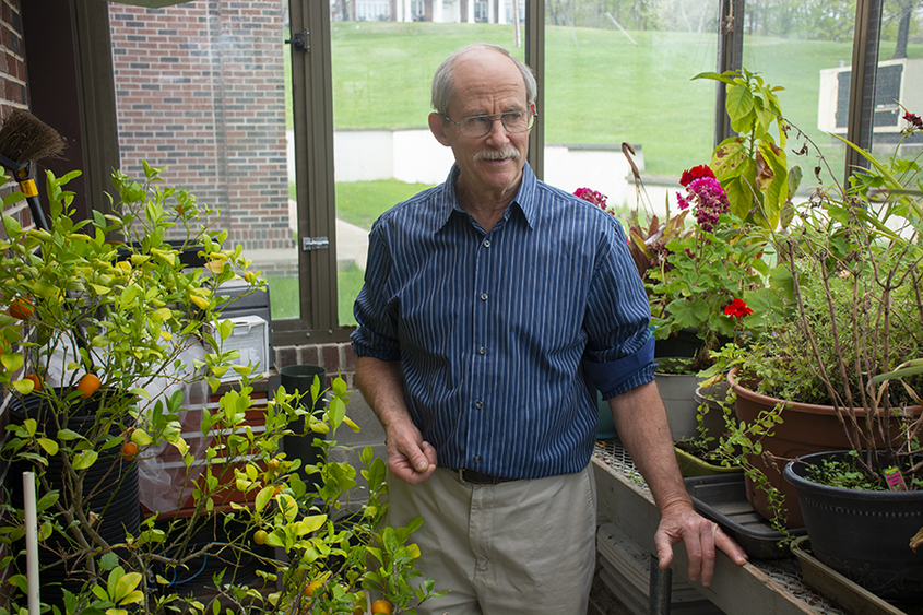Rod Heisey stands in Penn State Schuylkill's greenhouse, surrounded by colorful flowers and a tree sprouting small oranges.