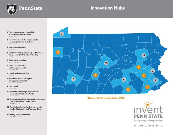 Map of Pennsylvania with Invent Penn State sites