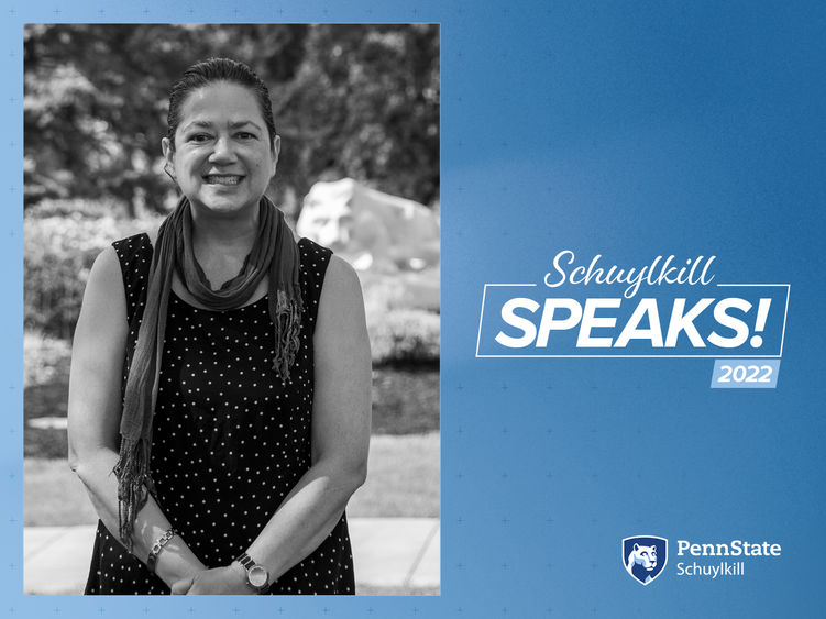 Blue graphic with Schuylkill Speaks and Penn State Schuylkill logos and black and white photo of Carol Rayos