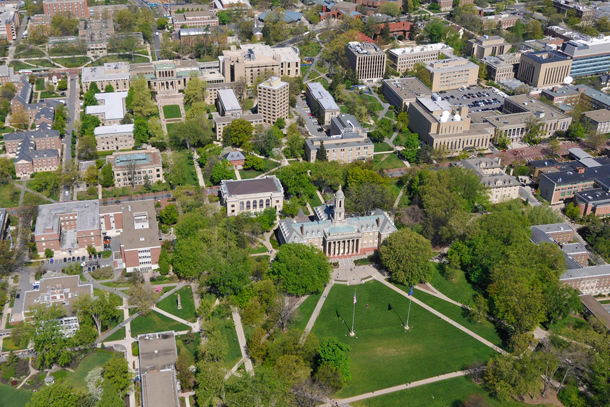 An aerial photo of the Old Main lawn at the Penn State University Park Campus.