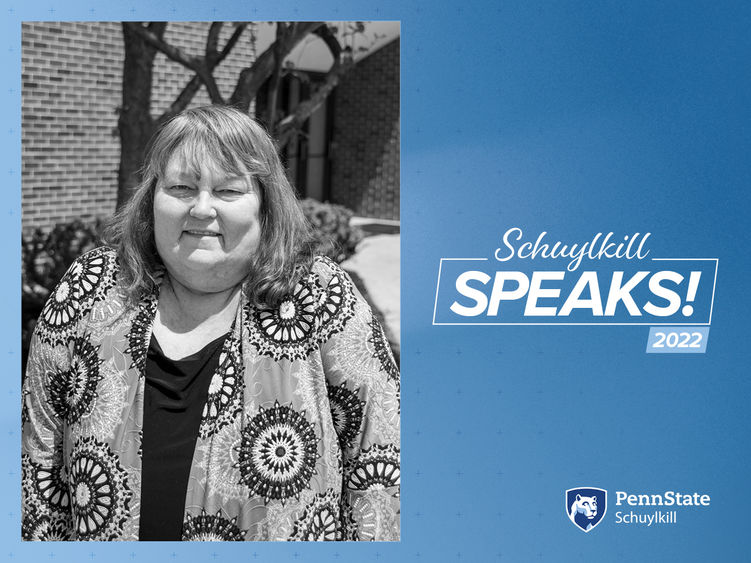 Blue graphic with Schuylkill Speaks and Penn State Schuylkill logos and black and white photo of Debra Terraciano