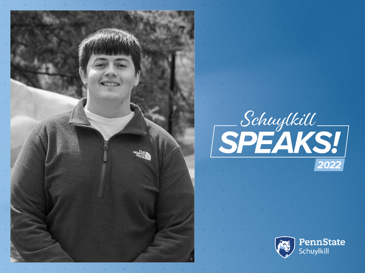 Blue graphic with Schuylkill Speaks and Penn State Schuylkill logos and black and white photo of John Lindenmuth