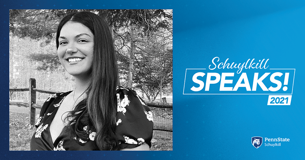 Black and white photo of Kiana Rivera on a blue background with text that reads "Schuylkill Speaks!" with Penn State Schuylkill logo