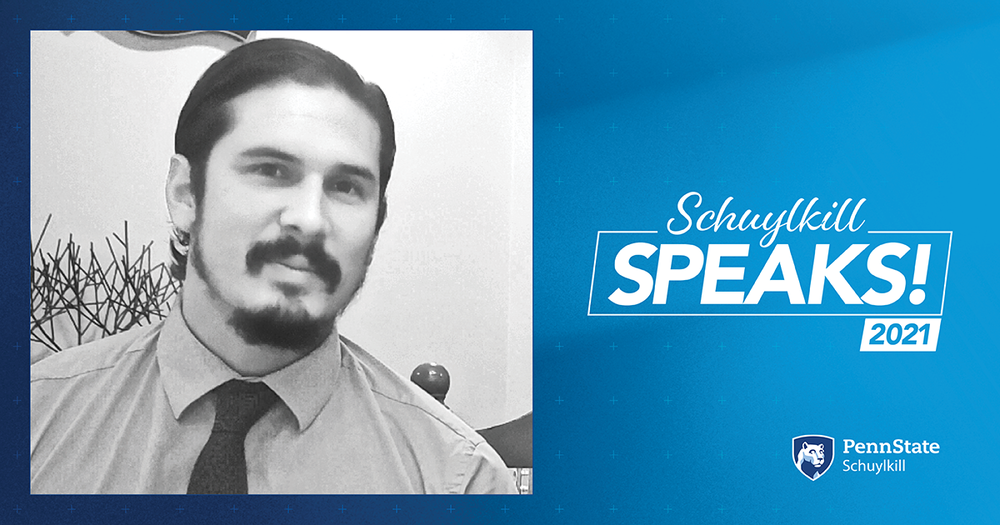 Black and white photo of Mitchell Stokes on blue background with text that reads "Schuylkill Speaks!" with the Penn State Schuylkill logo