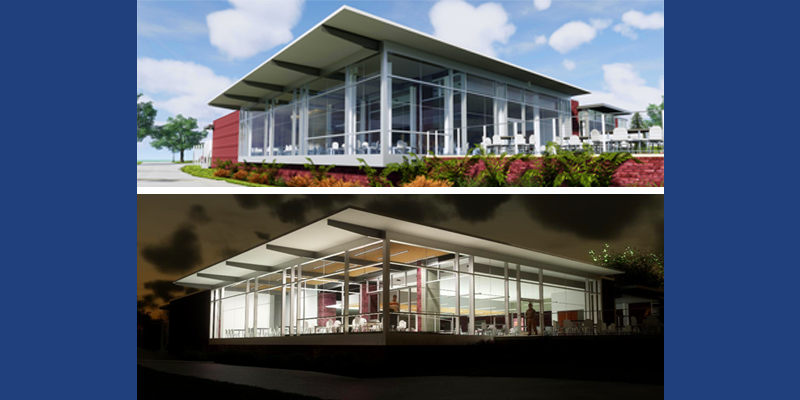 Penn State Schuylkill's dining center renderings shown both during the day and at night.
