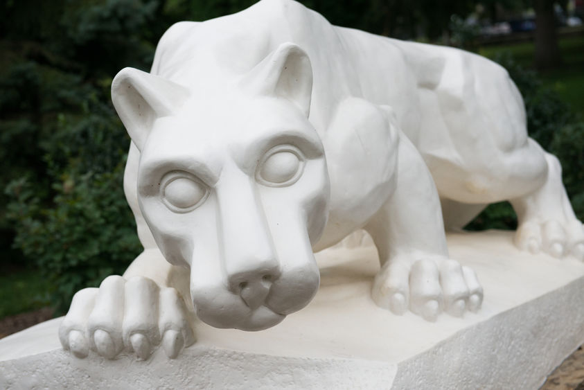 a closeup, head-on image of the iconic Penn State lion shrine at the Schuylkill campus