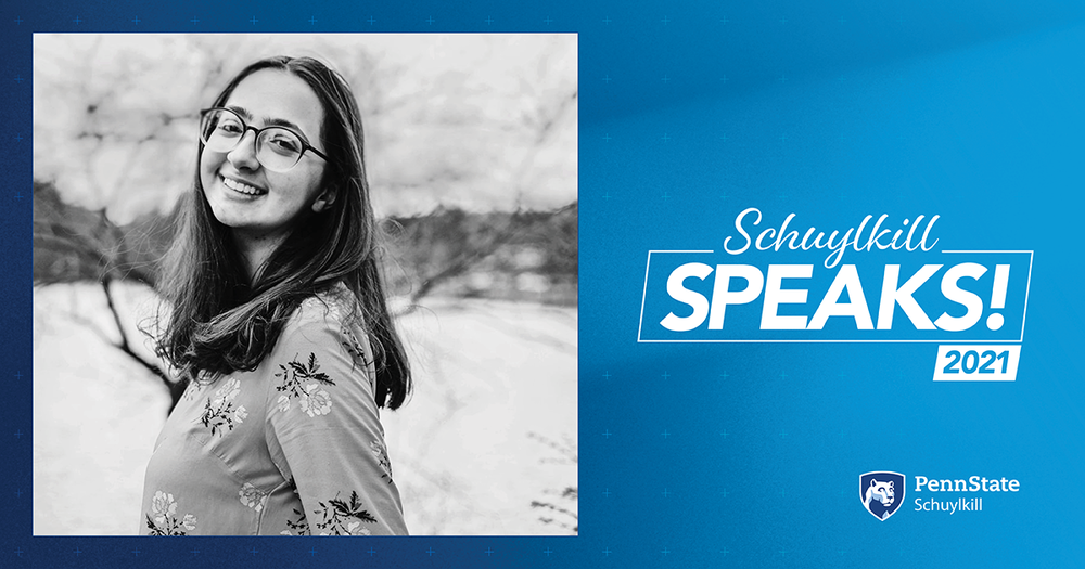 Schuylkill Speaks! graphic with a black and white photo of student, Bethany Haag