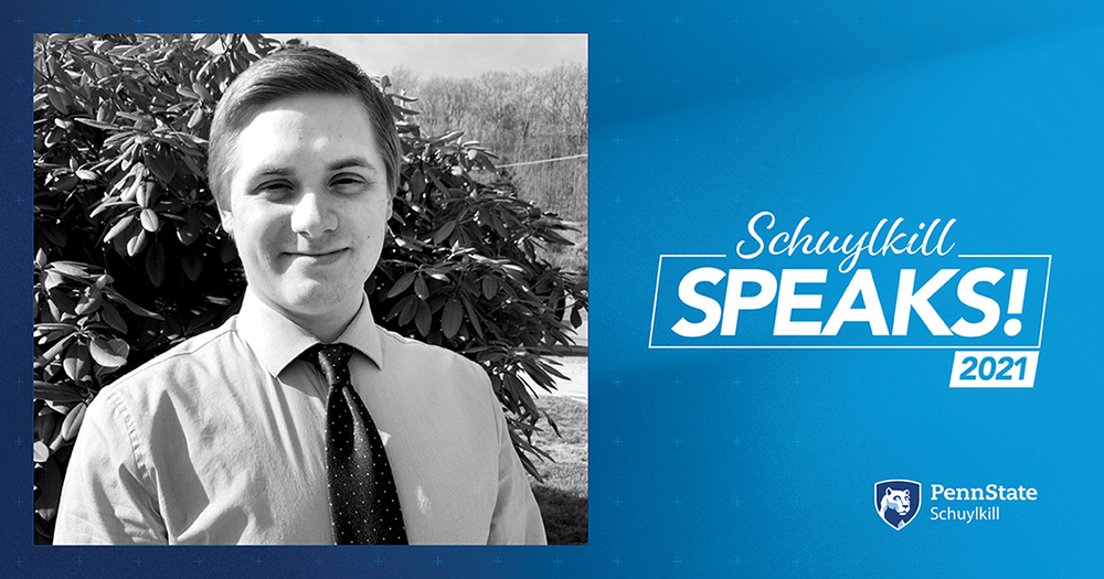 Schuylkill Speaks graphic with a black and white photo of student, Evan Sukeena