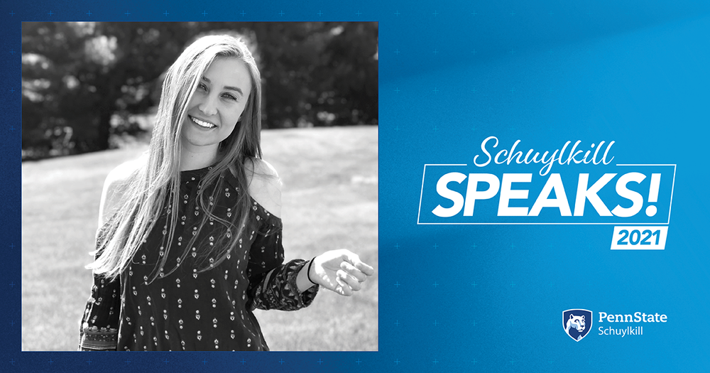 Black and white photo of Julia Hahn on blue background with text reading Schuylkill Speaks! 2021 and Penn State Schuylkill logo