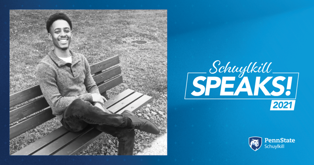 Schuylkill Speaks! graphic featuring black and white portrait of student, Malique Hughes