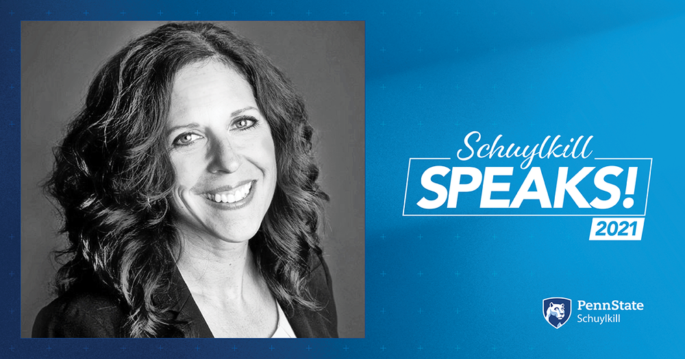 black and white headshot of Michele Atkinson in a blue frame with the text "Schuylkill Speaks 2021" and the Penn State Schuylkill logo