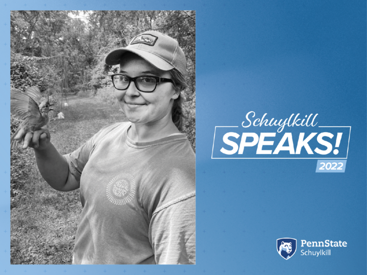 Schuylkill Speaks! graphic with image of student holding a bird during fieldwork,