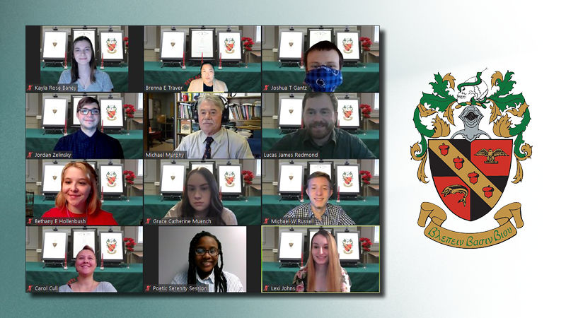 Graphic including grid of 12 students and faculty members who attended the induction ceremony via Zoom featuring the TriBeta logo on a blue and white background.